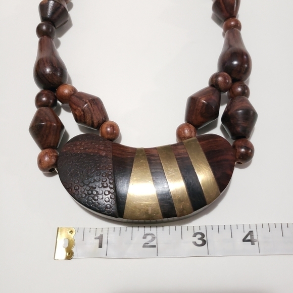 Vintage Chunky Wooden and Brass Statement Necklace - Picture 10 of 12